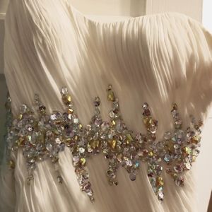 White knee length ruched dress with sequin detail